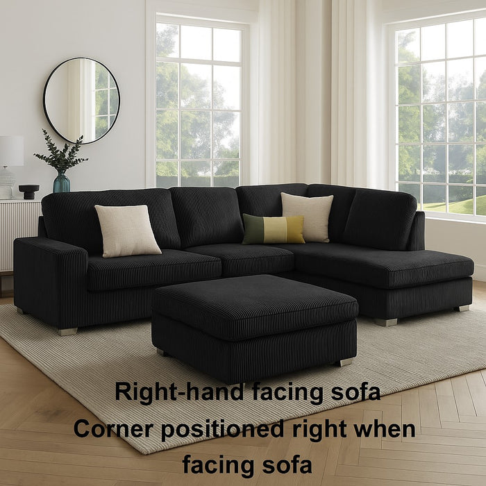Alcott Right-Hand Corner Sofa With Footstool, Black Jumbo Cord