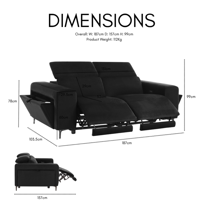 Amelia 2 Seater Power Recliner Sofa with Adjustable Headrests, Cream Velvet