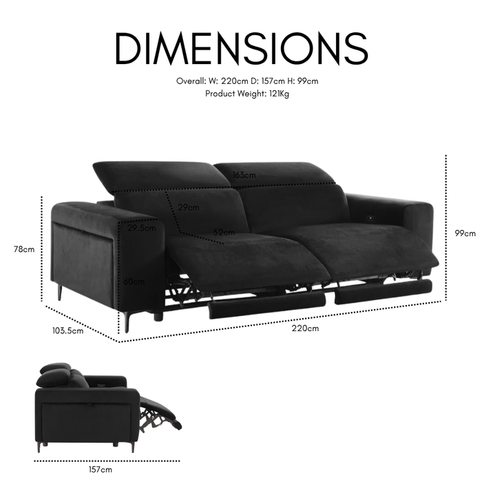 Amelia 3 Seater Power Recliner Sofa with Adjustable Headrests, Black Velvet
