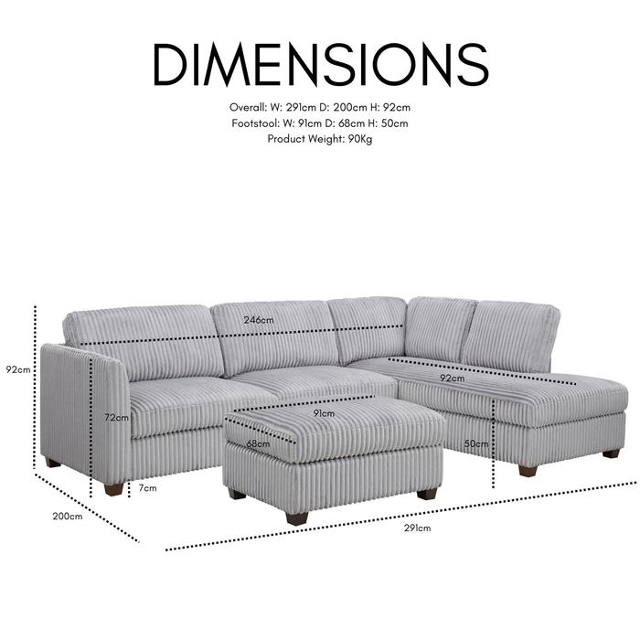 Benedict Right-Hand Corner Sofa With Footstool, Grey Teddy Jumbo Cord