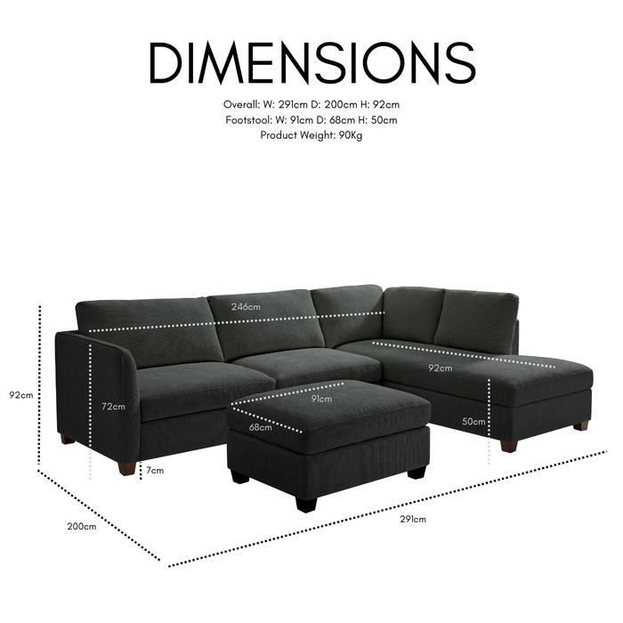 Benedict Right-Hand Corner Sofa With Footstool, Dark Grey Chenille