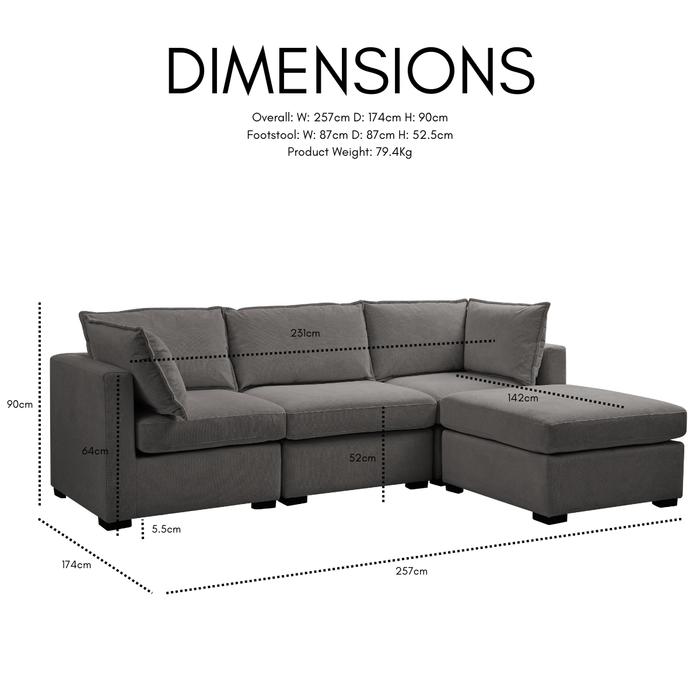Iris 4 Seater Sofa With Footstool, Dark Grey Linen
