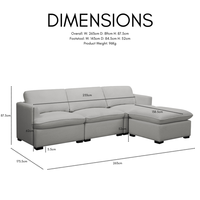 Casey 4 Seater Sofa With Footstool, Grey Boucle