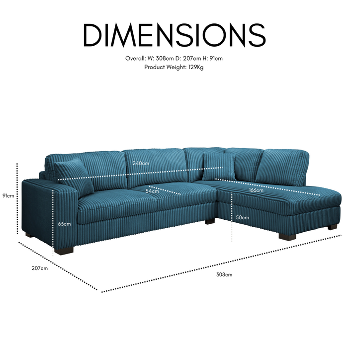 Tristan Right-Hand Corner Sofa with Double Footstool, Blue Teddy Jumbo Cord