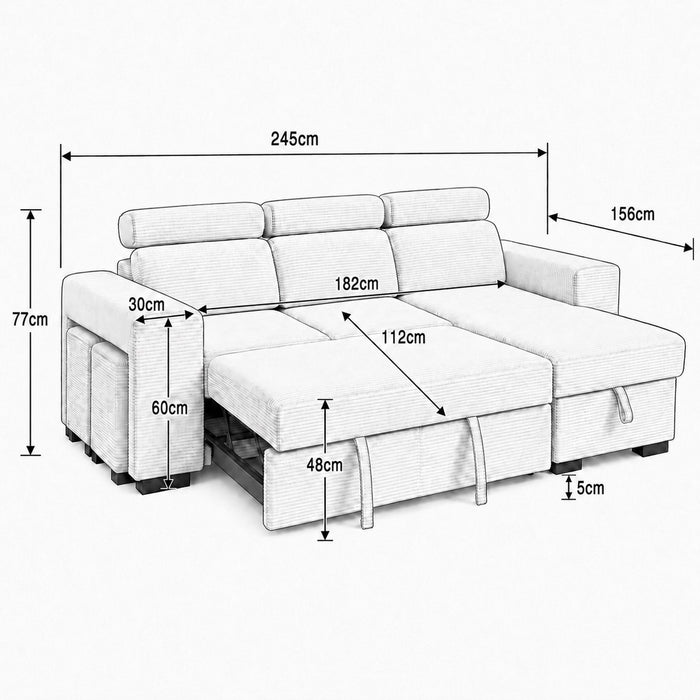 Caitlin Sofa With Chaise, Charcoal Jumbo Cord