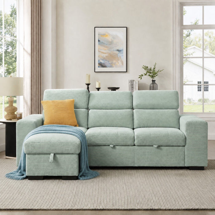 Caitlin Sofa With Chaise, Mint Green Jumbo Cord