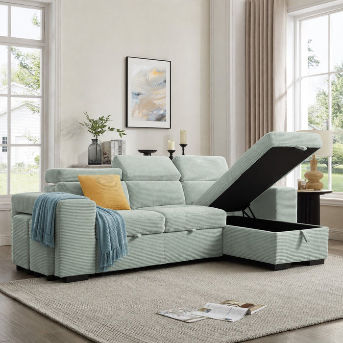 Caitlin Sofa With Chaise, Mint Green Jumbo Cord