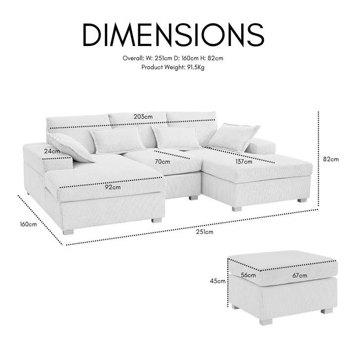 Marlow Small U-Shaped Sofa, Cream Jumbo Cord