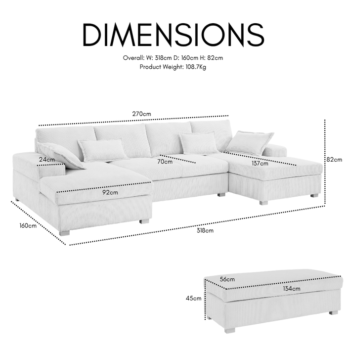 Marlow Large U-Shaped Sofa With Footstool, Black Jumbo Cord