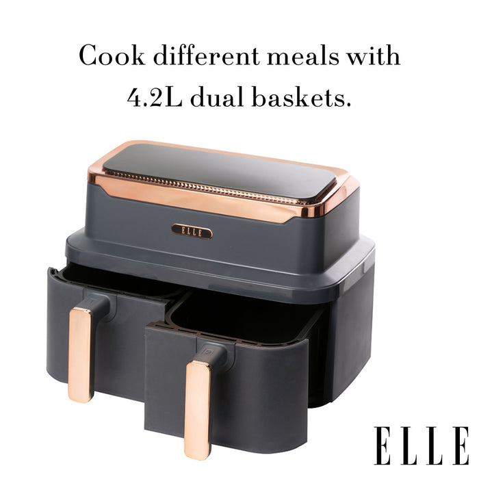 ELLE Air Fryer in Grey & Rose Gold, Dual Basket