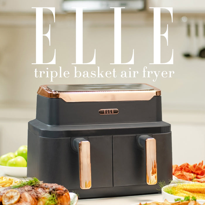 ELLE Air Fryer in Grey & Rose Gold, Triple Basket