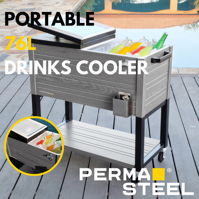 Perma Steel 76L Portable Drinks Cooler, Grey Wood Effect