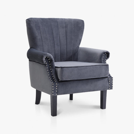 Wing Back Armchair Occasional Accent Chair Studded Design, Velvet- Dark Grey
