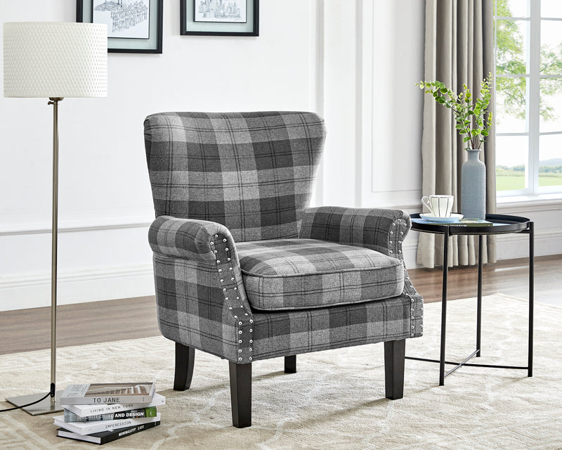 Wing Back Armchair Occasional Accent Chair Studded Design, Tartan Fabric- Grey
