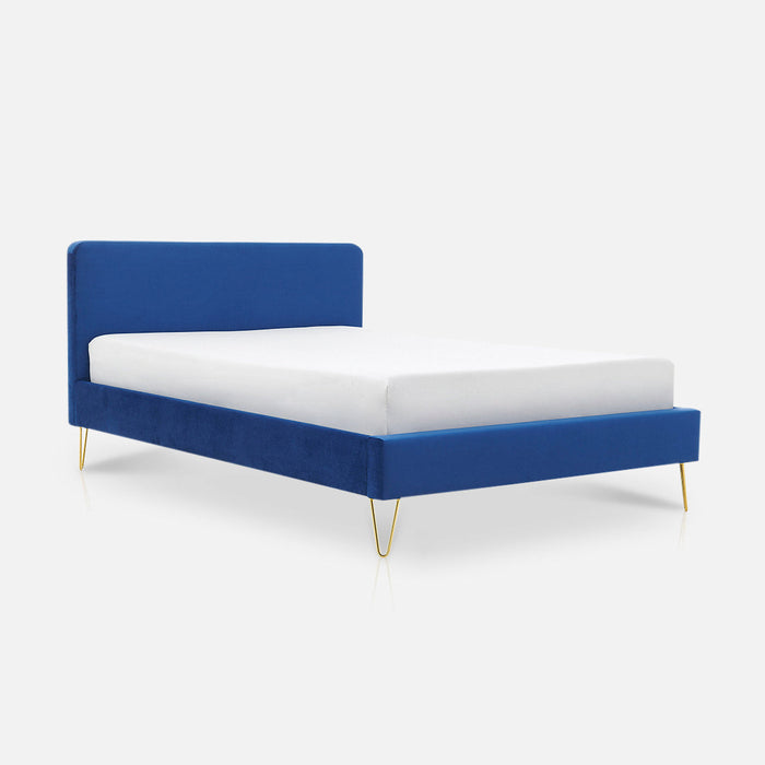 Iris Velvet Upholstered King Bed Frame With Hairpin Legs, Blue