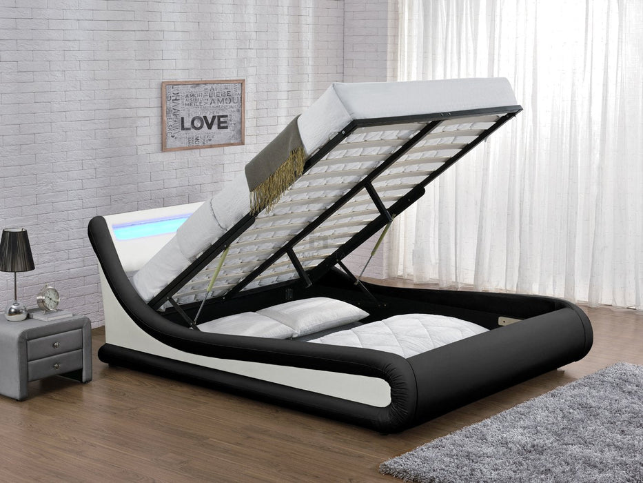 Galaxy Ottoman King Bed Frame with LED and Storage, Black & White
