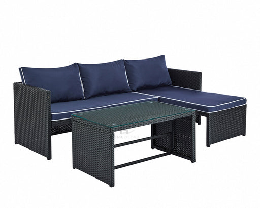 3 Piece L-Shape Outdoor Rattan Garden Furniture Set, Black With Navy Cushions