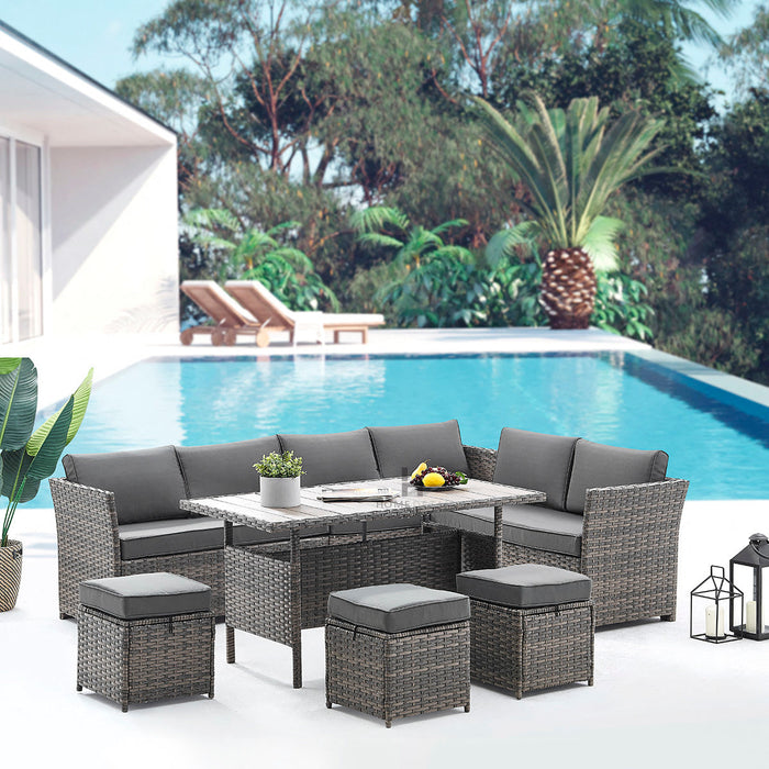 Corner Rattan Sofa Set for Outdoors with Dining Table & Stools - Ash Brown Two Tone