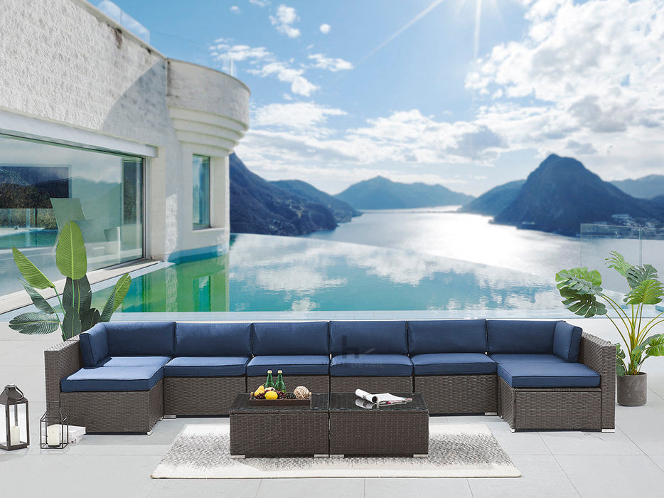 10 Piece Modular Rattan Sofa Garden Lounge Set with Blue Cushions