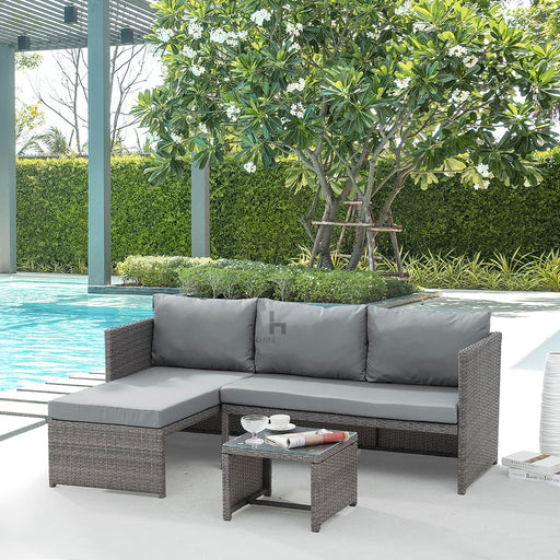 Corner L-Shape Outdoor Rattan 3PC Garden Furniture Set, Grey