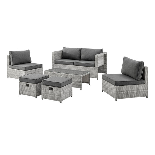 6 Seater Grey Garden Rattan Set with Footstools and Coffee Table