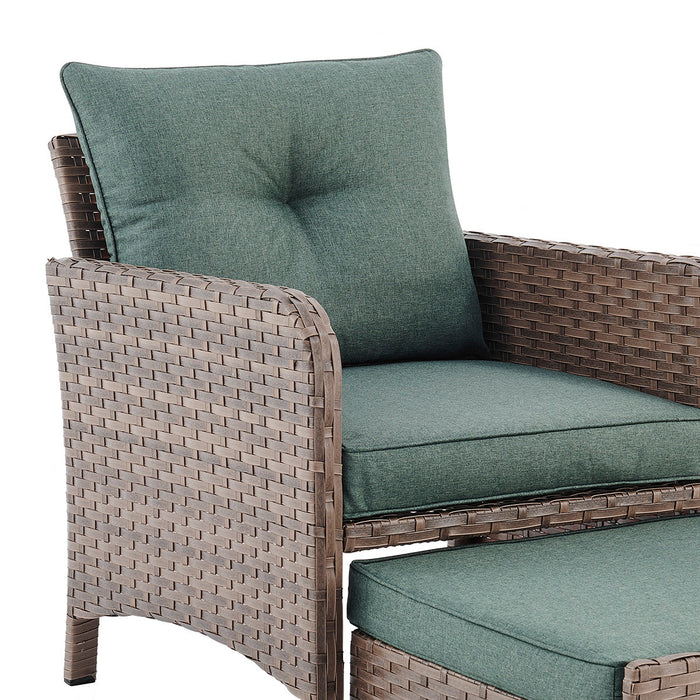 Garden Armchair Rattan Set with Side Table & Ottoman Footstools - Brown