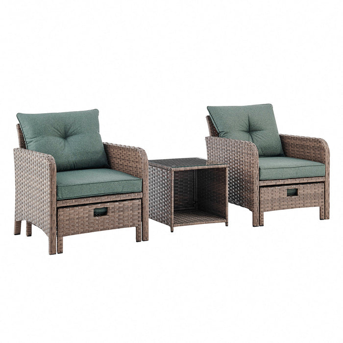 Garden Armchair Rattan Set with Side Table & Ottoman Footstools - Brown