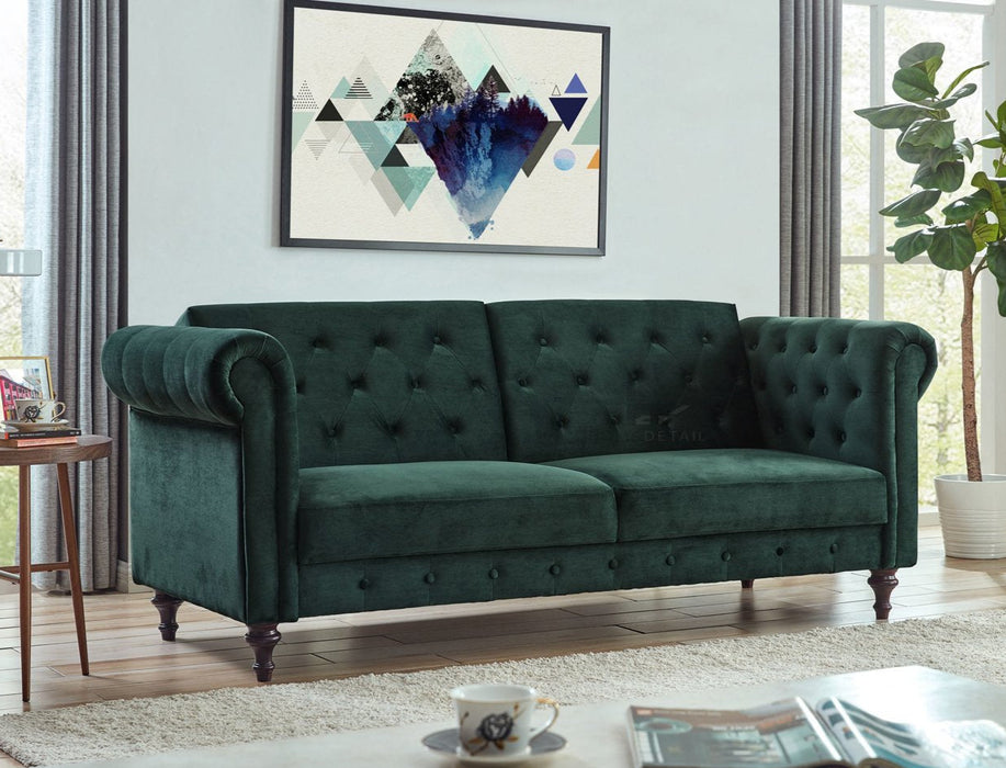 Velvet Sofa Bed Chesterfield Style 3 Seater Sofa Button Design, Dark Green