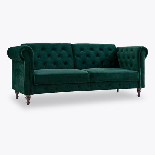Velvet Sofa Bed Chesterfield Style 3 Seater Sofa Button Design, Dark Green