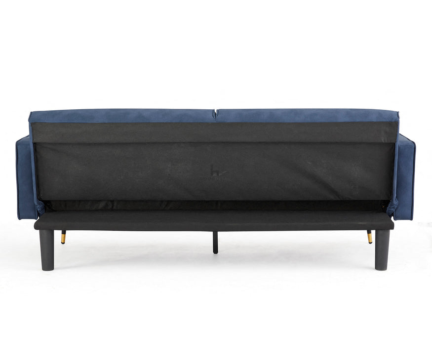Ethan 3 Seater Navy Blue Fabric Clic-Clac Gold Tipped Legs Bolster Cushion Sofabed