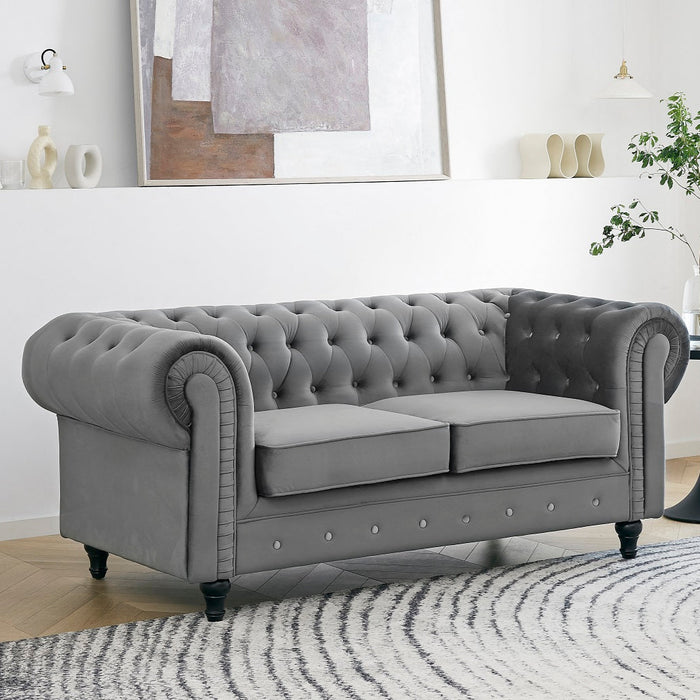 Chesterfield Velvet Fabric 2 Seater Sofa, Grey