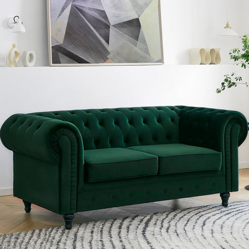 Chesterfield Velvet Fabric 2 Seater Sofa, Green