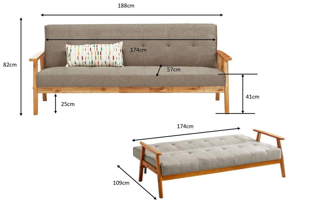 Langford Sofa Bed Fabric 3 Seater Button Detail Wooden Frame Sofabed, Cream with Oak Colour Wood