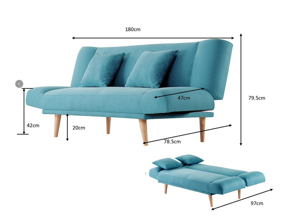 3 Seater Sofa Bed With Matching Cushions Wooden Legs, Blue